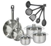 Set 2 poêles 20 et 28 cm en inox, 3 faitouts inox 16, 20 et 24 cm et 5 ustensiles Fackelmann Eterna inox