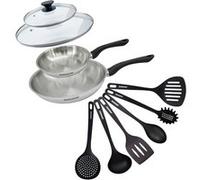 Set 2 poêles 20 et 28 cm en inox, couvercles verre et 6 ustensiles Fackelmann Geneva inox