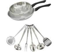 Set 2 poêles 20 et 28 cm en inox et 6 ustensiles inox Fackelmann Geneva inox