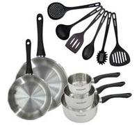 Set 2 poêles 24 et 28 cm 3 casseroles 12 16 et 20 cm en inox et 6 ustensiles Fackelmann Geneva