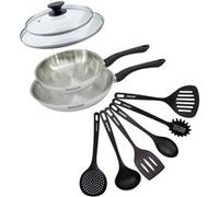 Set 2 poêles 24 et 28 cm en inox, couvercles verre et 6 ustensiles Fackelmann Geneva
