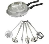 Set 2 poêles 24 et 28 cm en inox et 6 ustensiles inox Fackelmann Geneva