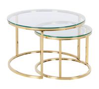 Set 2 Tables Basses Café Plateau en Verre Trempé Rond et Cadre en Métal Doré Gra