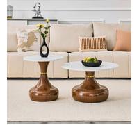 Set 2 tables rondes empilables, forme sablier, plateau mélaminé aspect marbre, pied noyer, design luxe, salon bureau