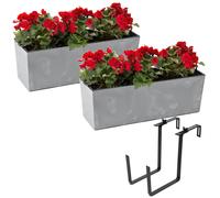 Set 2x jardinière balcon avec pot de fleurs aspect béton gris 56x19 H19,5cm + support métal noir