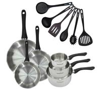 Set 3 poêles 20 24 et 28 cm 3 casseroles 12 16 et 20 cm en inox et 6 ustensiles Fackelmann Geneva