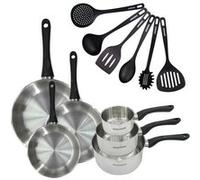 Set 3 poêles 20 24 et 28 cm 3 casseroles 12 16 et 20 cm en inox et 6 ustensiles Fackelmann Geneva Inox|Noir