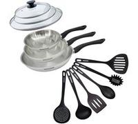 Set 3 poêles 20 24 et 28 cm en inox, couvercles verre et 6 ustensiles Fackelmann Geneva