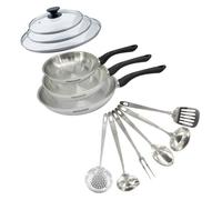 Set 3 poêles 20 24 et 28 cm en inox, couvercles verre et 6 ustensiles inox Fackelmann Geneva