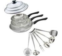 Set 3 poêles 20 24 et 28 cm en inox, couvercles verre et 6 ustensiles inox Fackelmann Geneva Inox|Noir