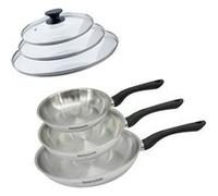 Set 3 poêles 20 24 et 28 cm en inox et 3 couvercles verre Fackelmann Geneva Inox|Noir