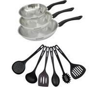Set 3 poêles 20 24 et 28 cm en inox et 6 ustensiles Fackelmann Geneva