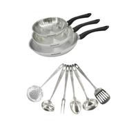 Set 3 poêles 20 24 et 28 cm en inox et 6 ustensiles inox Fackelmann Geneva