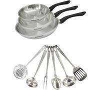 Set 3 poêles 20 24 et 28 cm en inox et 6 ustensiles inox Fackelmann Geneva
