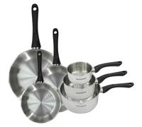 Fackelmann 9444050 Set 3 poêles 20 24 et 28 cm et 3 casseroles 12 16 et 20 cm en inox 18/8, tous feux, induction, sans PFAS, Acier inoxydable 18/8, 12 16 20 24 28 cm, Gris Argent
