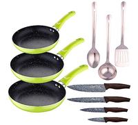 Set 3pc sarten (20+24+28cm) aluminium pressé vert avec Set 3 pc ustensiles de cuisine en acier inoxydable avec Set 4pc couteaux en acier inoxydable