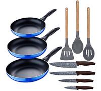 Set 3pc sarten aluminium pressé, induction, bleu marine paradise avec ensemble 3pc ustensiles de cuisine silicone bois avec ensemble 4pc couteaux a