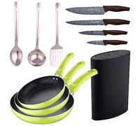 Set 3pc sarten aluminium pressé vert avec Set 3 pc ustensiles de cuisine en acier inoxydable avec Set 4pc couteaux en acier inoxydable avec Tacoma