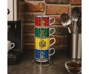 Set 4 Tasses Harry Potter Maisons de Poudlard + Support en métal