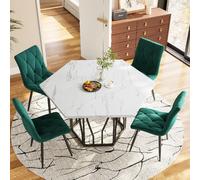 Set 5 pièces table hexagonale marbre + 4 chaises velours vert, style restaurant moderne et chaleureux