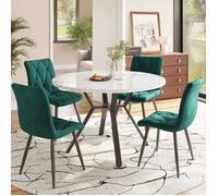 Set 5 pièces table marbre ronde + 4 chaises vertes ergonomiques en cuir suédé avec pieds métal noir élégant