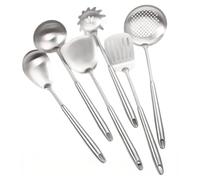 Set 6 Pièces Ustensiles Cuisine Acier Inoxydable Spatule Louche Cuillère | Professionnel Lave Vaisselle Manche Ustensiles de Cuisine Inox, Long Anti-Brûlure pour Wok Fonte Poêle Antiadhésif