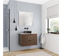 Set 80 cm : plan vasque blanc mat + meuble assemblé, couleur chêne (CERAMIA-4DW80-S)