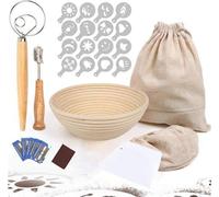 Set à pain rond, 23 cm de diamètre, moule à pain en bois naturel avec toile intérieure en lin, sac à pain, fouet, spatule à pâte, couteau de boulanger et 16 pochoirs décoratifs