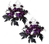 Set Anneaux de Bougie Halloween, 2 Couronnes Roses Artificielles Assorties | Paire de décorations florales assorties avec roses violettes et feuilles noires pour table et bougies