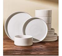 Set assiettes 12 pièces, Set de vaisselle 4 personnes, Set de vaisselle en Blanc Mat Brillant Service pour 4 SALADIER
