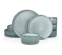 Set assiettes 12 pièces, Set de vaisselle 4 personnes, Set de vaisselle en faïence, Bleu Fumée Service pour 4 SALADIER
