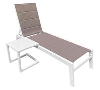 Set bain de soleil et table d'appoint BARBADOS en textilène taupe - aluminium blanc