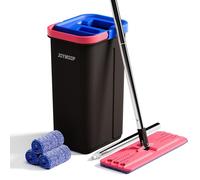 Set balai serpillière seau à mop - Tête plate pivotante - Manche télescopique 26,5 à 61 pouces - Lot de 3 microfibres - Noir, rouge et bleu ardoise