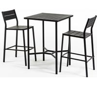 Set balcon extérieur avec table haute carrée 70×70 cm et 2 tabourets de bar en acier et polyéthylène imitation bois - design moderne, robuste et élégant pour terrasse, balcon, bars et espaces extérieu