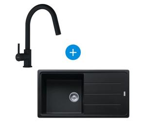 Set Basis Evier 97x50cm avec égouttoir réversible, Fragranit, Noir mat + Mitigeur col de cygne, avec douchette extractible