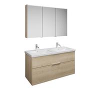 Set burgbad Eqio, composé d'une armoire de toilette à gauche, d'un double lavabo en céramique et d'un meuble sous lavabo, largeur 1230mm, SFAQ123RF3180C0001G0146, Couleur: Chêne Décor Cachemire / Chên