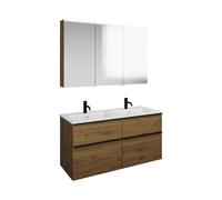 Set burgbad Eqio, composé d'une armoire de toilette à gauche, d'un double lavabo Slim en céramique et d'un meuble sous lavabo, largeur 1220mm, SHCR122RF5662C0001G0252, Couleur: Décor Chêne Urbain / Dé