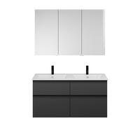 Set burgbad Eqio, composé d'une armoire de toilette à gauche, d'un double lavabo Slim en céramique et d'un meuble sous lavabo, largeur 1220mm, SHCR122RF6584C0001G0252, Couleur: Gris foncé mat / Gris f