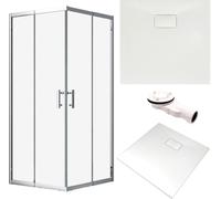 SET Cabine de douche + receveur 80x80 193 cm - Carré Transparent Trempé Nano Verre 6 mm Blanc Aspect Pierre SMC Siphon inclus | BADLAND HELA VIDAR