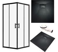 SET Cabine de douche + receveur 80x80 193 cm - Carré Transparent Trempé Nano Verre 6 mm Noir Aspect Pierre SMC Siphon inclus | BADLAND HELA VIDAR
