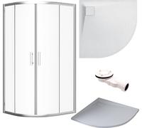SET Cabine de douche + Receveur 80x80 193 cm - Demi-cercle Transparent Trempé Nano Verre 6 mm Blanc Aspect Pierre SMC Siphon inclus | BADLAND HELA VIDAR