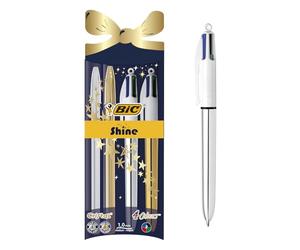 Set Cadeau de Noël - 2 Stylos BIC Cristal (Bleu et Noir) & 2 Stylos BIC 4 Couleurs Shine Pointe Moyenne (1 mm) - Édition Spéciale, Pochette Cadeau de 4