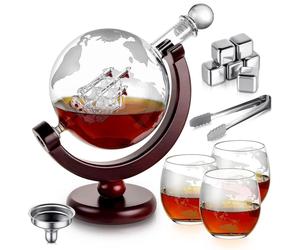 Set cadeau pour hommes comprenant une carafe à whisky en forme de globe, 6 pierres à whisky et 3 verres, capacité de 900 ml