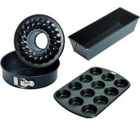 Set classique de moules à pâtisserie, 4 pièces, moule démontable avec fond plat et fond tubulaire 26 cm, moule à cake royal 30 cm, moule à muffins pour 12 muffins taille standard des muffins 7 cm, rev