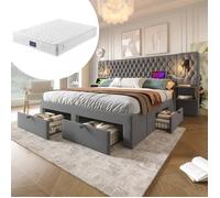 Set complet chambre - Lit rembourré 160x200 - Velours gris - 4 tiroirs - Liseuse USB + Type-C
