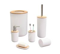 Set complet de salle de bain, 6 pièces, plastique blanc et bambou
