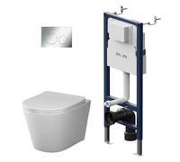 Set complet de WC - Élément de pré-installation avec réservoir encastré incl. Plaque de commande + WC suspendu sans rebord et mural à rinçage profond + Siège WC avec fermeture amortie Soft-Close