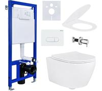 Set complet WC douche suspendu avec fonction taharet bidet, WC suspendu sans rebord, abattant Softclose, chasse d'eau encastrée & élément en saillie avec accessoires