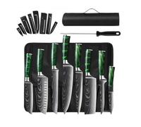 Set couteaux cuisine pro VURAHOME acier inox manche résine aiguiseur sac Oxford 11p (vert)
