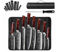 Set couteaux cuisine VURAHOME acier inox manche résine+aiguiseur+sac Oxford 11p (rouge)
